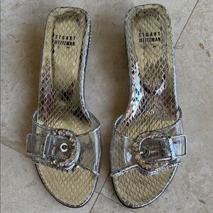 Vtg 90’s Stuart Weitzman Silver Clear Slide Sandals with Rhinestone Buckle